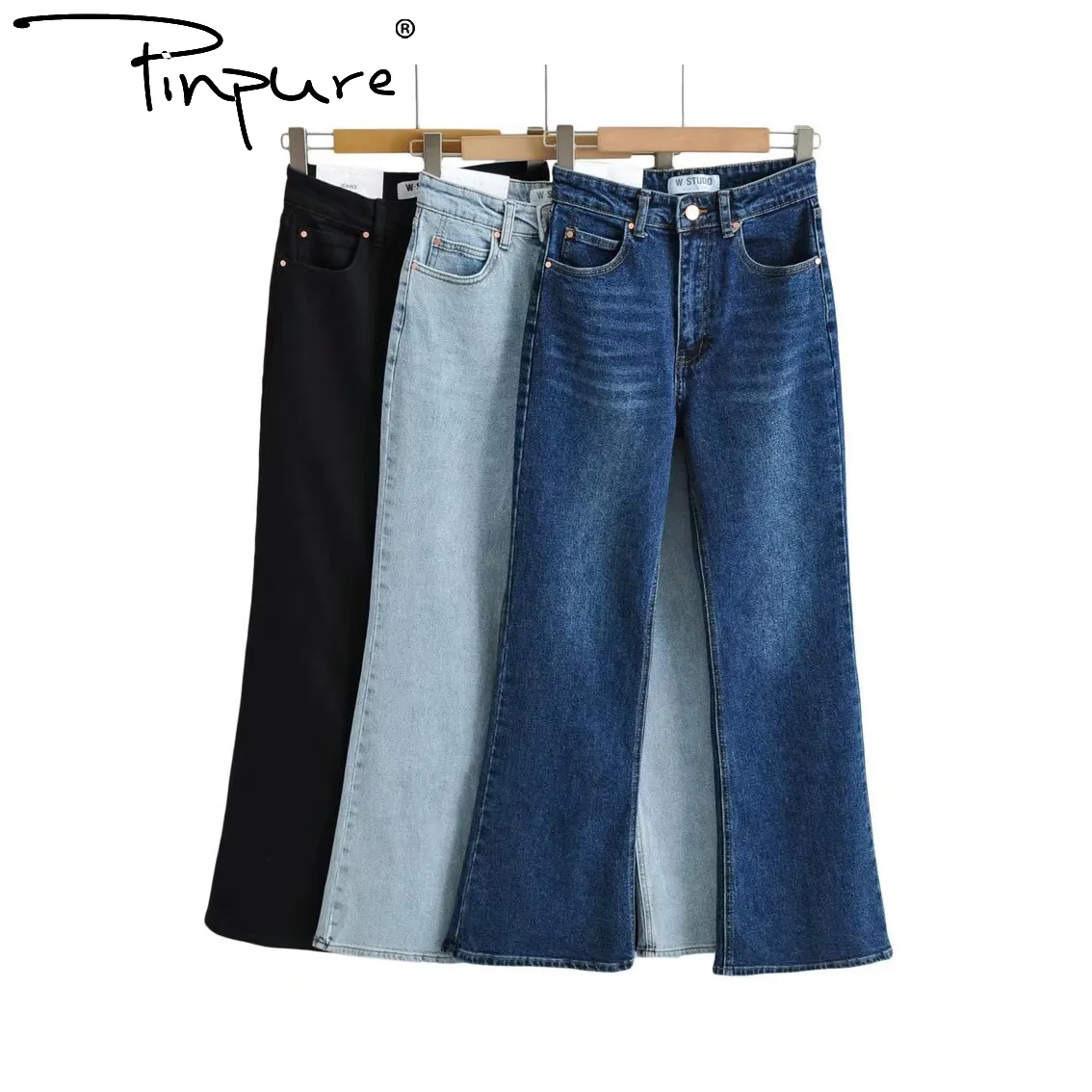 Pantalons taille haute micro élastique en denim pour femmes, usage lourde, taille haute, micro, nettoyage klaxon, denim, R51547S