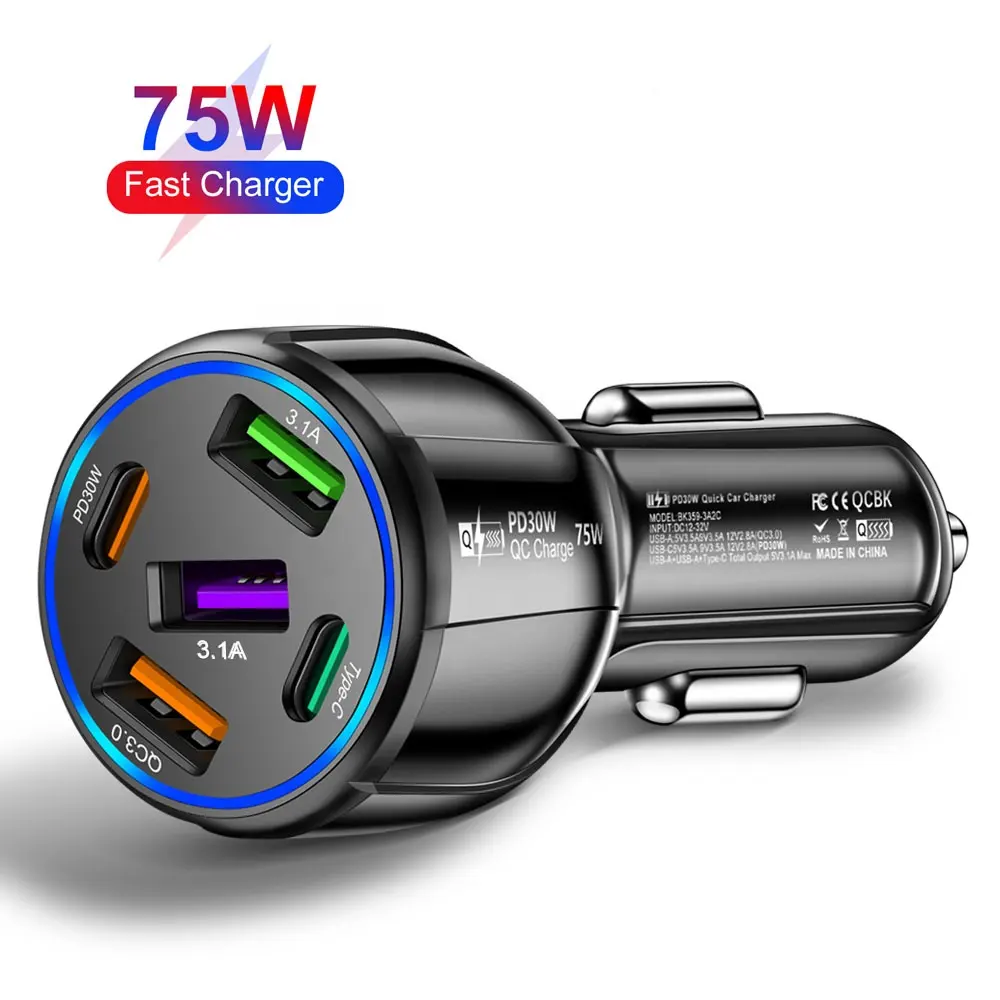 Top seller 5 Ports 75W USB Car Chargers Type C Car Charger Fast Charging PD QC3.0 Phone Car Adapter For iphone Xiaomi Huawei
