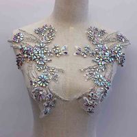 Applique Broderie Scintillante Dentelle Strass 3D Perles Cristaux Rouge Doré Corsage de Mariée pour Robe de Soirée à Coudre