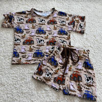 Nouvel ensemble de pyjama en bambou pour enfants, t-shirt à poches et short imprimé ferme, pour bébés filles et garçons, du NB au 8T
