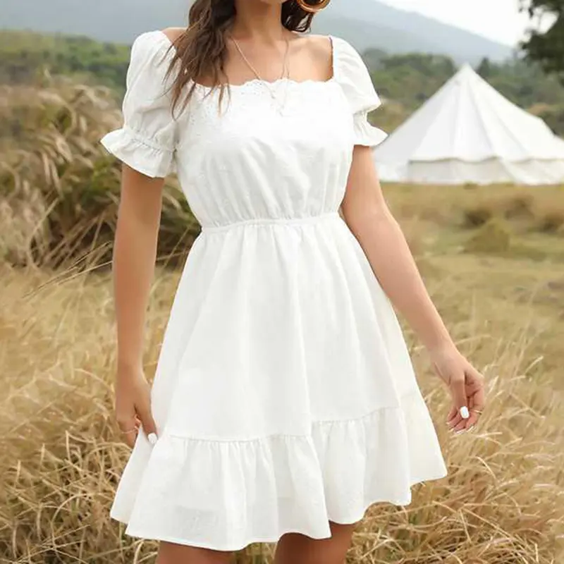 Cute Square Collar Puff Sleeve White Cotton Dress For Women Elegant Ladies High Waist Short Sleeve Solid White Dress Plus Size