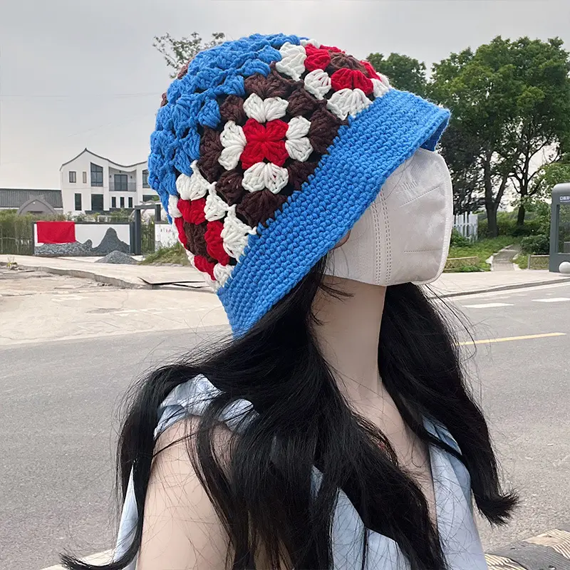 Chapéu tricô flor feminino, chapéu tipo bucket hat, feito à mão