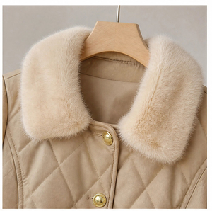 Cappotto in Pelle di Pecora e Misto Lana e Pelo di <span class=keywords><strong>Cammello</strong></span> con Collo in Pelliccia di Visone, <span class=keywords><strong>Giacca</strong></span> Invernale da Donna Trapuntata a Rombi - Product Image 4