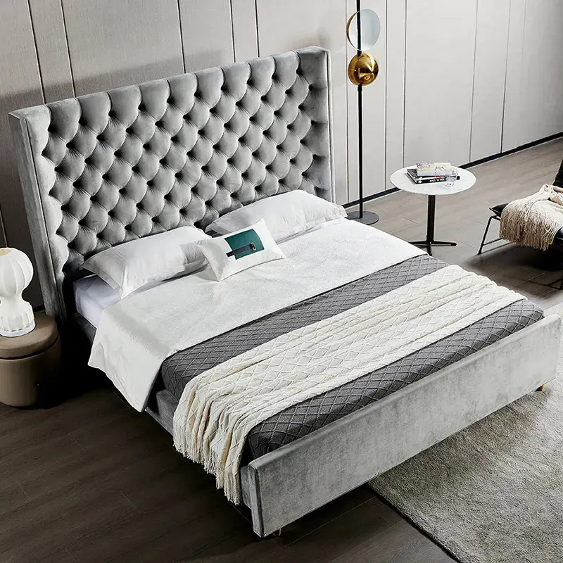 Venta caliente marco de madera maciza cama suave estilo americano diseño clásico muebles de habitación hasta camas enfundadas marco cama queen/King size