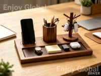 Organisateur de bureau en bois avec porte-stylos, plateau à clés et support pour téléphone, décoration de table pour le bureau, la maison et l'étude