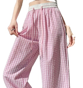 Pantalon droit décontracté d'été pour femme, à motif écossais texturé, taille mi-haute, coupe ample et fluide, style large et décontracté, effet dopamine - Product Image 4