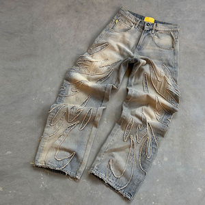 بنطلون جينز رجالي فضفاض بتصميم عصري مخصص OEM/ODM، ملابس الشارع على طراز الهيب هوب Y2K، بنطلون دنيم كاجوال مطرز ومغسول للرجال - Product Image 3