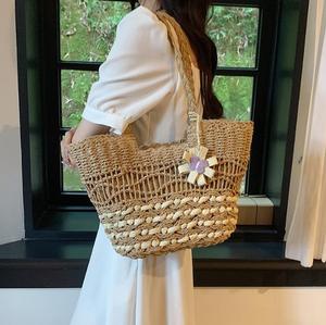 Woven Straw <b>Tote</b> <b>Bag</b> Flower Decoration <b>Shoulder</b> <b>Strap</b> Bohemian Style Eco-Friendly Cotton Large Capacity Casual Beach <b>Bag</b> for - Product Image 1