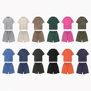 Ensemble T-shirt et short unisexe SUHE en coton teint, couleur unie, coupe décontractée, tricoté, style streetwear, été, 370g, logo frontal - Product Image 6