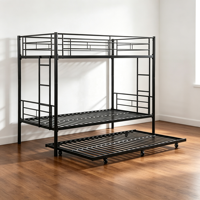 Lit superposé moderne noir en métal avec 2 échelles et barrières de sécurité, gain de place, pour garçons et filles, idéal pour hôpital, école, dortoir, sans sommier.