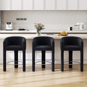 Tabourets de bar modernes de hauteur comptoir 26\" H, <span class=keywords><strong>design</strong></span> baril, tabourets de bar rembourrés pour comptoir de <span class=keywords><strong>cuisine</strong></span>, dossier en velours noir, accoudoirs - Product Image 1