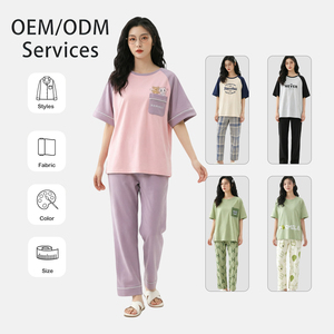 Pigiama da donna Sweethoney, stile pullover, in cotone, estivo, a maniche corte, pantaloni lunghi, set casual traspirante in 2 pezzi - Product Image 1