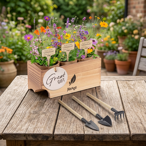 Large Eco-friendly Indoor <b>Gardening</b> <b>Kit</b> Wildflower Mix Bamboo Burlap Planters Wooden Box Country Farmhouse Design Flowers - Product Image 3