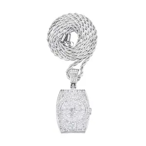 Umwelt freundliche Zink legierung Diamant uhr Anhänger Edelstahl Twist Chain vereist kubanische Kette Halskette mit Anhänger