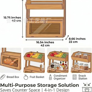 Boîte à pain en bambou, étagère de rangement pour comptoir de cuisine avec plateau à fruits, conteneur à pain multi-niveaux pour l'organisation des aliments - Product Image 5