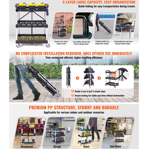 รถเข็นพลาสติกพับได้ <span class=keywords><strong>3</strong></span> ชั้น แบบมัลติฟังก์ชั่น ล้อเงียบ รับน้ำหนักได้ 225 ปอนด์ เหมาะสำหรับร้านอาหารและโรงแรม - Product Image 5