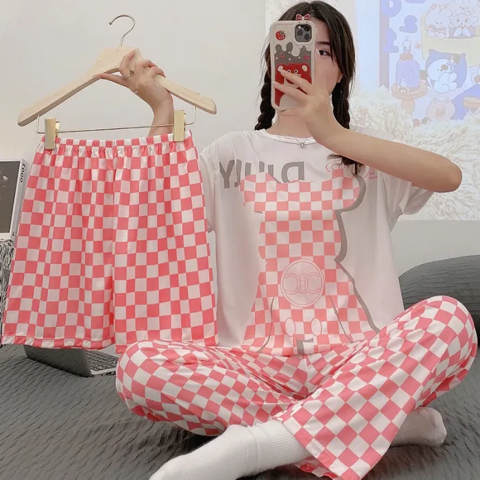 新しい夏のパジャマスリーピーススーツ半袖ショーツパンツカジュアル韓国漫画家庭服