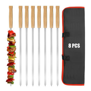8 brochettes de barbecue réutilisables, robustes, résistantes à la chaleur, larges et de grande taille, en acier inoxydable avec manche en bois de chêne - Product Image 1