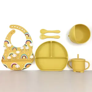 набор посуды для Suppliers-Детский силиконовый набор для кормления с узором нагрудники тарелка и соломенная чашка для ребенка столовый набор посуды Babero