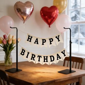 Soporte para pancarta de feliz cumpleaños con banderas de lona, marco de metal negro, exhibición de sobremesa para decoraciones de fiesta - Product Image 1