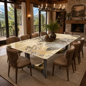 Table à manger personnalisée en quartzite Pandora, plateau rectangulaire, style moderne, pour villa, 8 à 10 places, pieds en métal, mobilier en pierre - Product Image 4