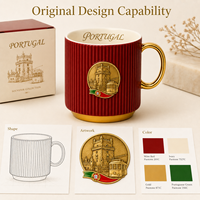 Tasse à café en céramique souvenir de Portugal, Europe, avec badge métallique en relief et rayures verticales, pour tasse en porcelaine fine, personnalisable OEM ODM, vente en gros