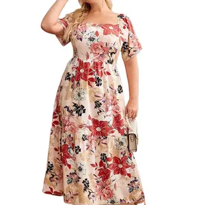 Zomer 2022 Custom Vrouwen Casual Mid Lengte Vierkante Hals Jurk Bloem Print Jurk Plus Size Jurk