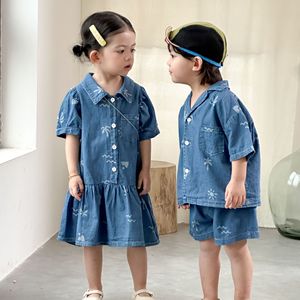 아동복 2026 여름 데님 셔츠 세트 남아 캐주얼 여아 반팔 원피스 형제자매룩 - Product Image 2