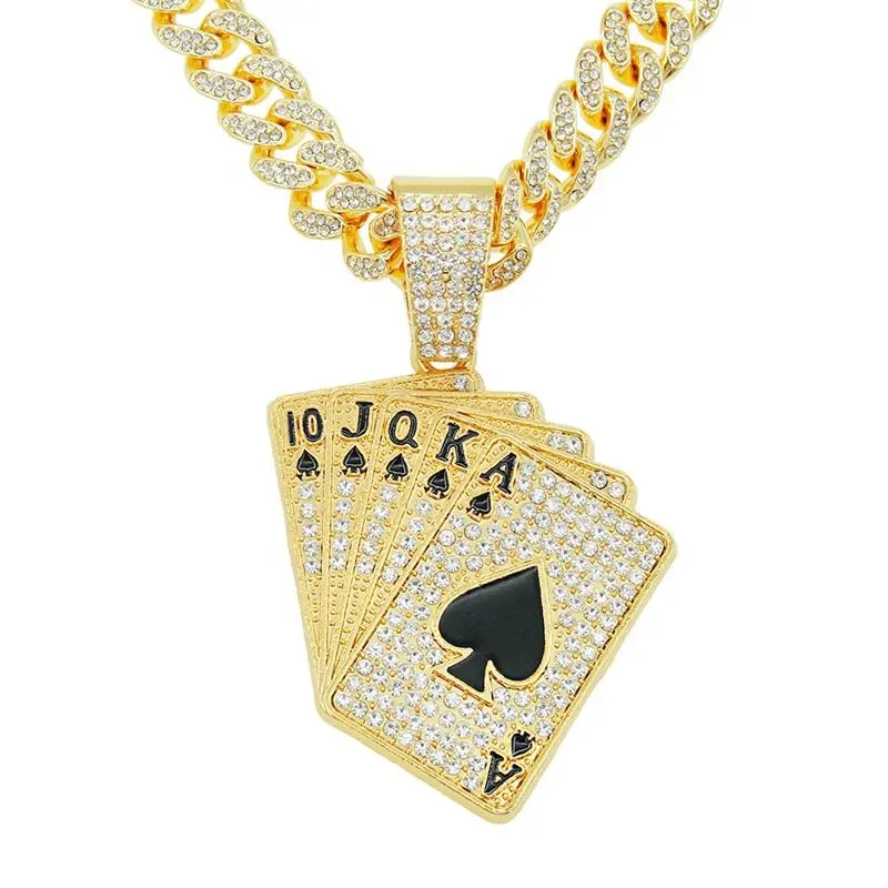 Hip hop miami big cuban chain with alloy and CZ rhinestone Playing cards pendant necklace