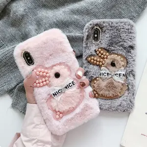 Ins Style Girly Cute bear rabbit fur diamond pearl Shockproof Mobile phone Case for iPhone 11 12 13 pro max