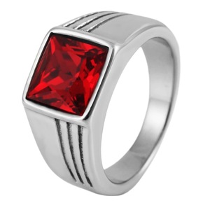 yunnique Geometric Red Gemstone <b>Titanium</b> Steel <b>Ring</b> Bezel Setting Unisex Wedding Gift Jewelry - Product Image 5