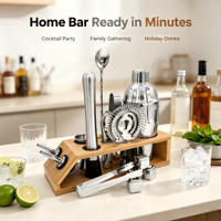 Camol Hot Seller Ensemble de shakers à cocktail en acier inoxydable 18 pièces Mélangeur à vin Cadre en bois avec accessoires de bar en pierre à whisky