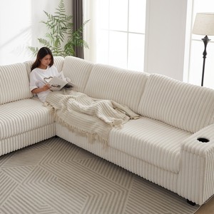 Oversized L-Shaped Corduroy Corner Sofa Set Modern Design Two <b>Storage</b> Spaces <b>USB</b> Type-C Port Cup Holder Deep Seat Living Room - Product Image 6