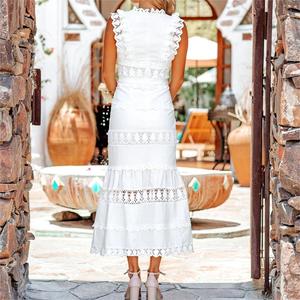 Robe élégante en coton pur, décontractée, taille haute, sans manches, col en V, plissée, blanche, en dentelle, pour <span class=keywords><strong>femme</strong></span>, robe de bureau - Product Image 4
