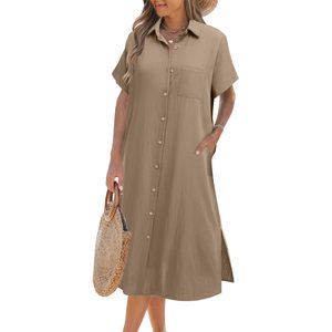 Robe chemise femme d'été décontractée à manches courtes boutonnée longueur midi avec poches en tissu tissé respirant - Product Image 1