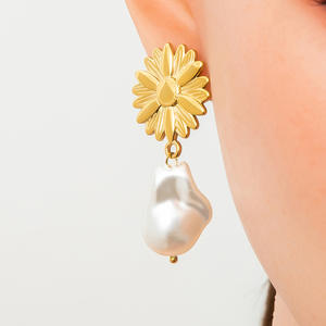 Pearl <b>Stud</b> Earrings 18K Gold Plated <b>Titanium</b> Steel Flower Heart Shape Everyday Wear Jewelry for Women - Product Image 4