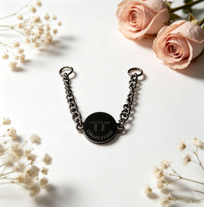 Etiqueta de Metal Redonda Personalizada de Alto Brillo con Cadena de Conexión, Etiqueta de Cadena de Aleación de Zinc en Níquel Negro y Dorado para Ropa - Product Image 1