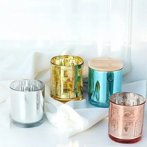 Pot à bougie <span class=keywords><strong>en</strong></span> verre coloré électroplaqué <span class=keywords><strong>de</strong></span> 220 ml et 315 ml avec couvercle <span class=keywords><strong>en</strong></span> bambou et métal – Vente chaude - Product Image 1