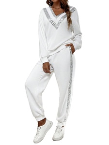 OEM Custom Woman's Contrast Sequin Drop Shoulder Sweatshirt &amp; Sweatpants 2 Pieces V Neck Pullover and Patchwork <strong>Pants</strong> for Woman - Product Image 1