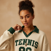 Ensemble de survêtement de tennis pour femmes, sweat-shirt à col polo contrasté, short de sport imprimé, vert crème, 2 pièces, vente en gros