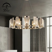 Lustre suspendu circulaire moderne en fer doré et albâtre, éclairage LED, pour salon, installation facile, luxe, protection des yeux