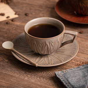 Ensemble tasse à café et soucoupe en céramique vintage à motif soleil gaufré, 200 ml, en porcelaine émaillée effet four, pour café - Product Image 3