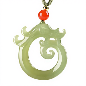 Nuovo Ciondolo Drago Punk Verde Qing Shui in Giada Naturale Verde-Bianca Afghana, Design Cavo dei Dodici Segni Zodiacali - Product Image 1