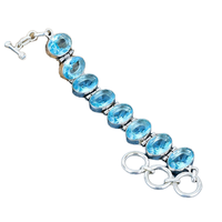 Pulsera Cristiana de Topacio Azul, Chapada en Rodio, Plata de Ley 925, Corte Ovalado, Engaste en Bisel, Eslabones Ajustables, Hecha a Mano, Soporte para Muñeca