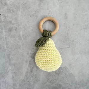 Vente chaude 2025 : Anneau de <span class=keywords><strong>dentition</strong></span> sensoriel en bois de hêtre et jouets hochets à fruits pour bébés, en coton doux 100% tricoté au crochet - Product Image 3