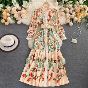 ZT1290 Europe American style retro palace style dress binding stand collar long sleeve flouncy western fairy A-line dress