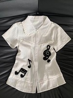 Chemisier en pur coton style Spicy Girl avec imprimé notes de musique, col Claudine, pour femme, coupe ajustée, manches courtes, idéal pour le quotidien