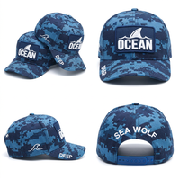 Casquette de baseball structurée à 6 panneaux en 100 % polyester, séchage rapide, résistante à l'eau, avec patch brodé 3D requin marin, motif camouflage numérique bleu marine