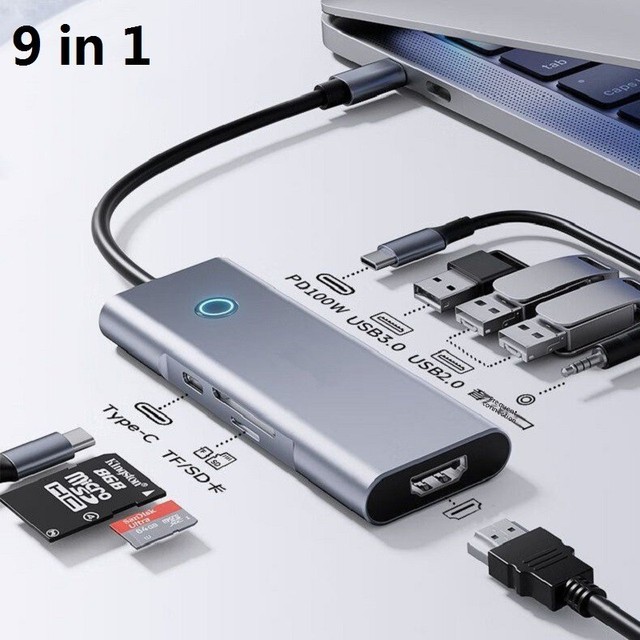 USB 30 Hub with Power Delivery Type-C One-key Screen-off 9-in-1 Laptop 4K 60Hz for 2.1 Aluminum Alloy SD Card Support Dock