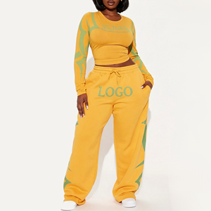 Conjunto de 2 Piezas para <span class=keywords><strong>Mujer</strong></span> con Logotipo Personalizado, Ropa Deportiva Y2K, Amarillo Mostaza, Talla Grande, Top Corto de Manga Larga y Pantalones Deportivos de Pierna Ancha - Product Image 2